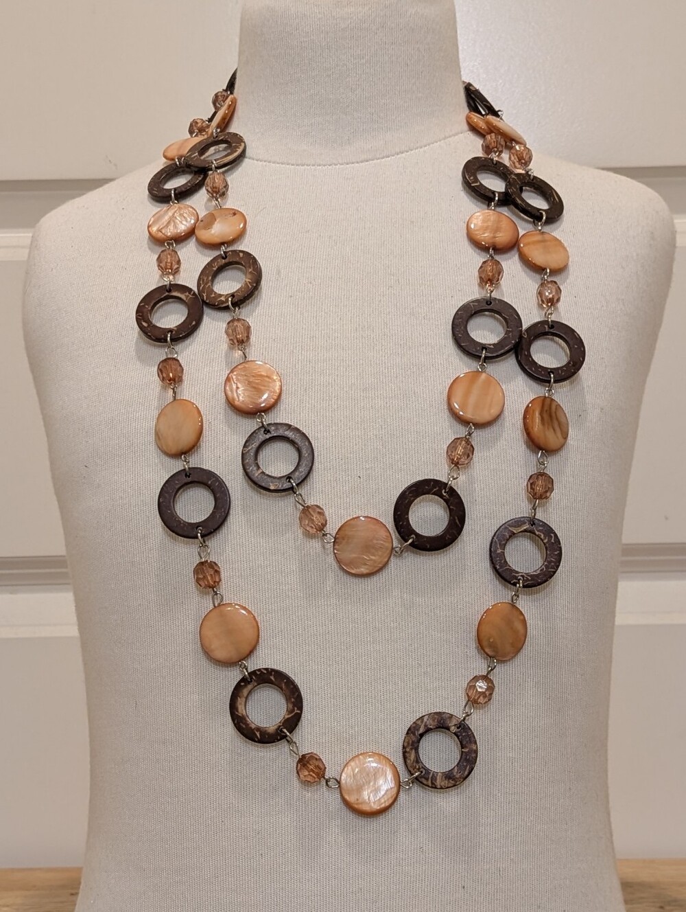 EUC 57" Vintage Coconut Shell and Mother of Pearl Necklace